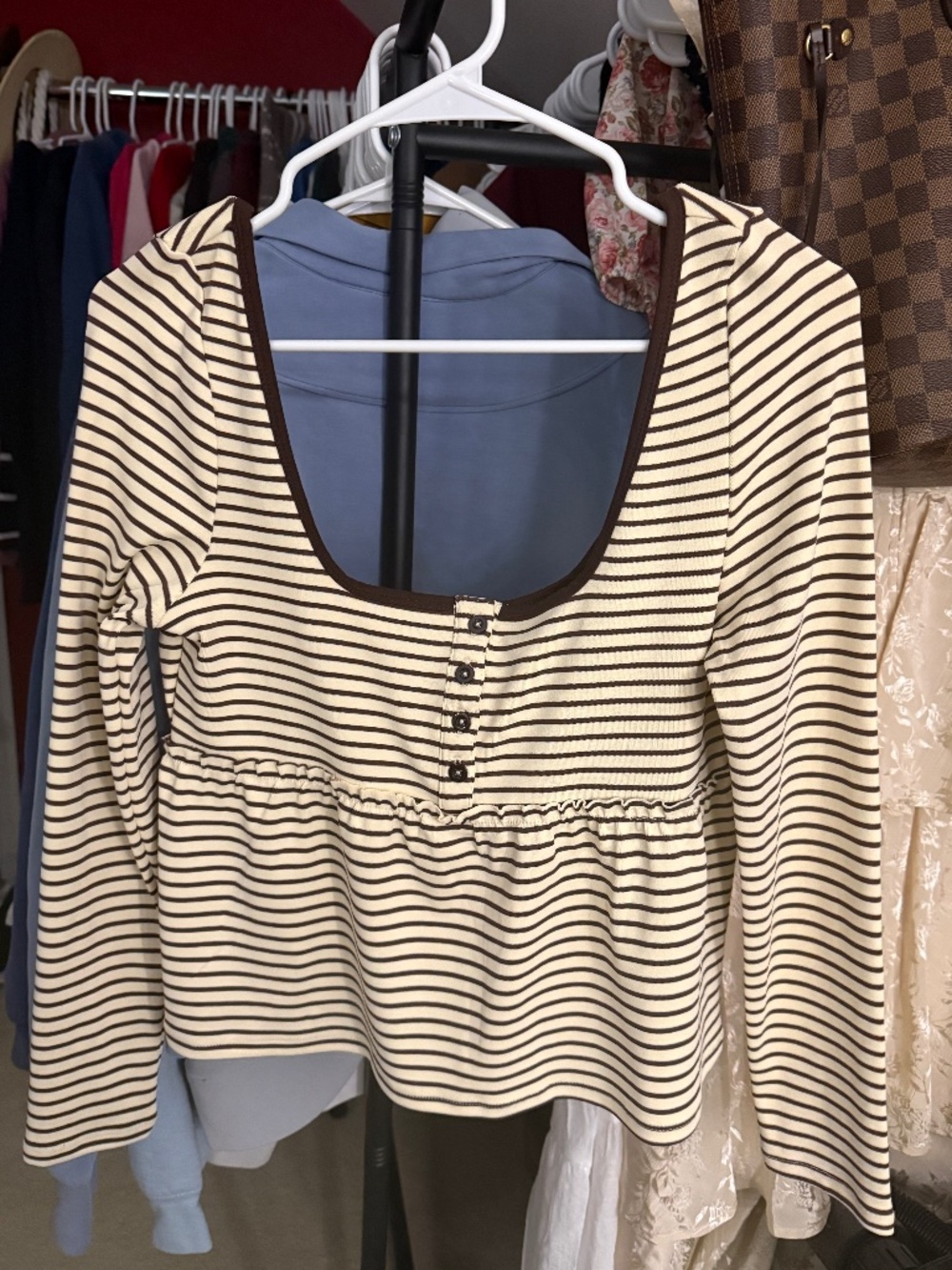 Cream and Brown striped long sleeve blouse. Size M EST. PAC NEVER WORN w/o tags